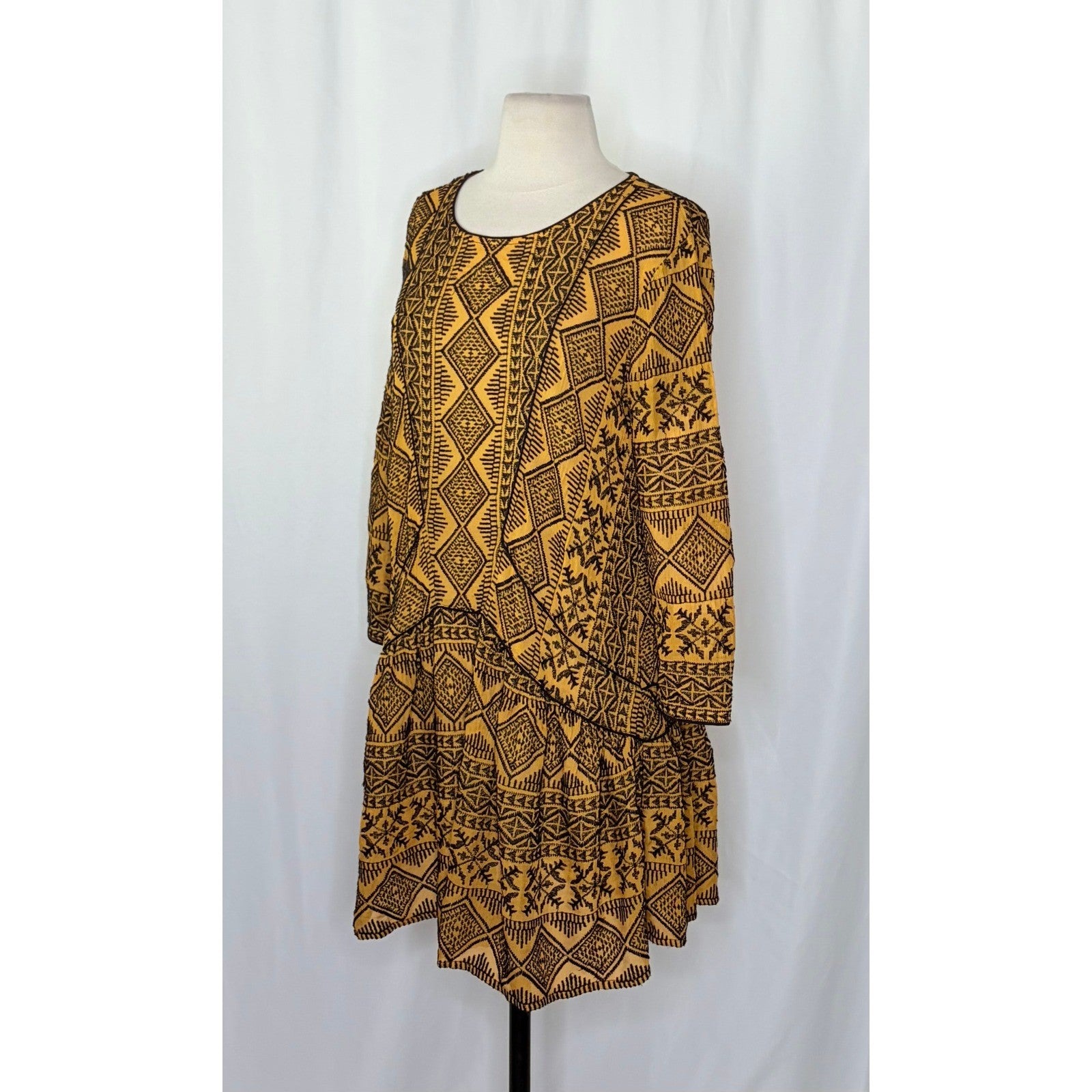BA&SH Mara Embroidered Geometric Drop Waist Dress Golden Yellow Size 2 / Medium