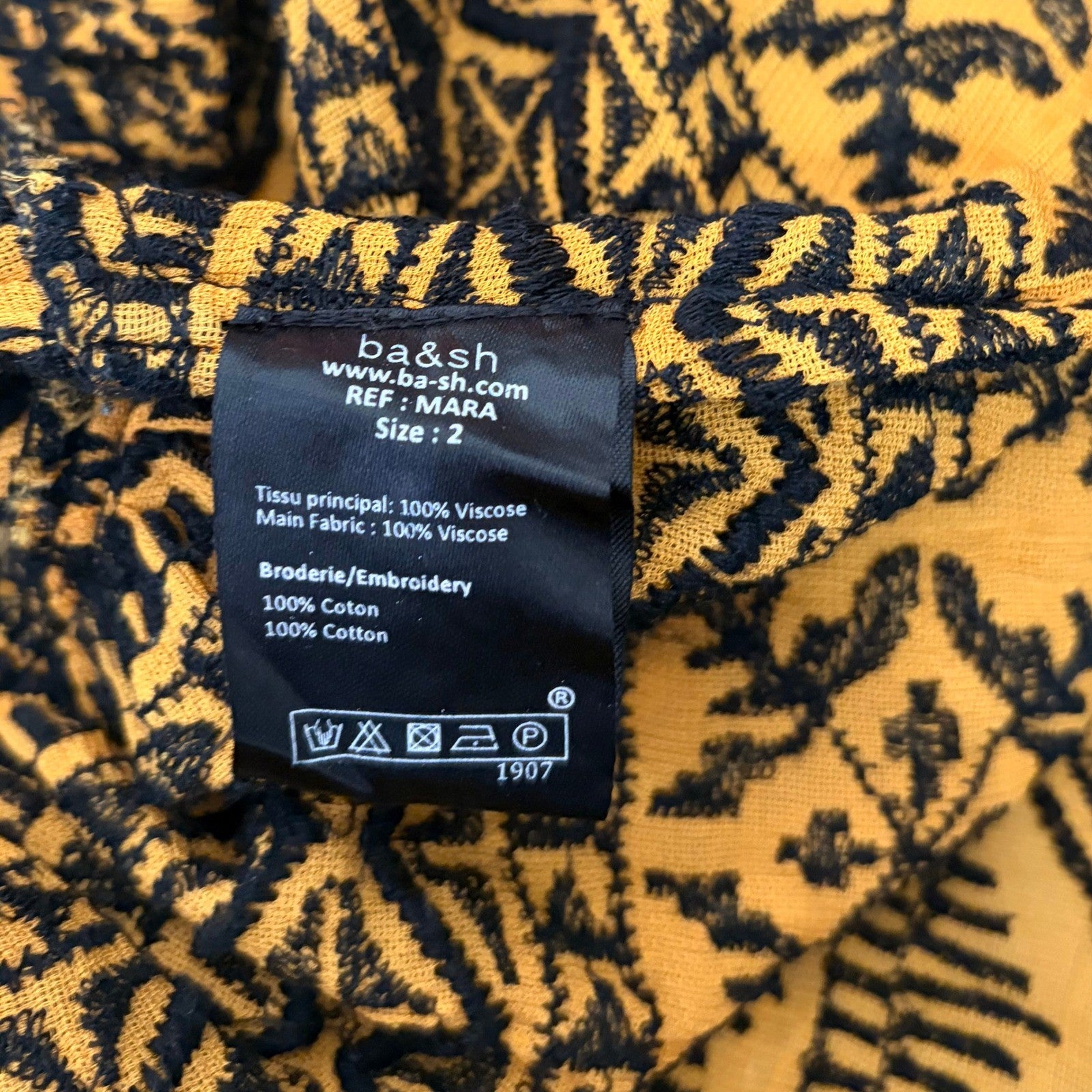 BA&SH Mara Embroidered Geometric Drop Waist Dress Golden Yellow Size 2 / Medium