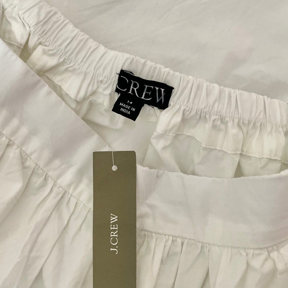 NWT!! J. CREW Contrast-Stitch Midi Skirt Cotton Poplin Solid White Navy Blue 14