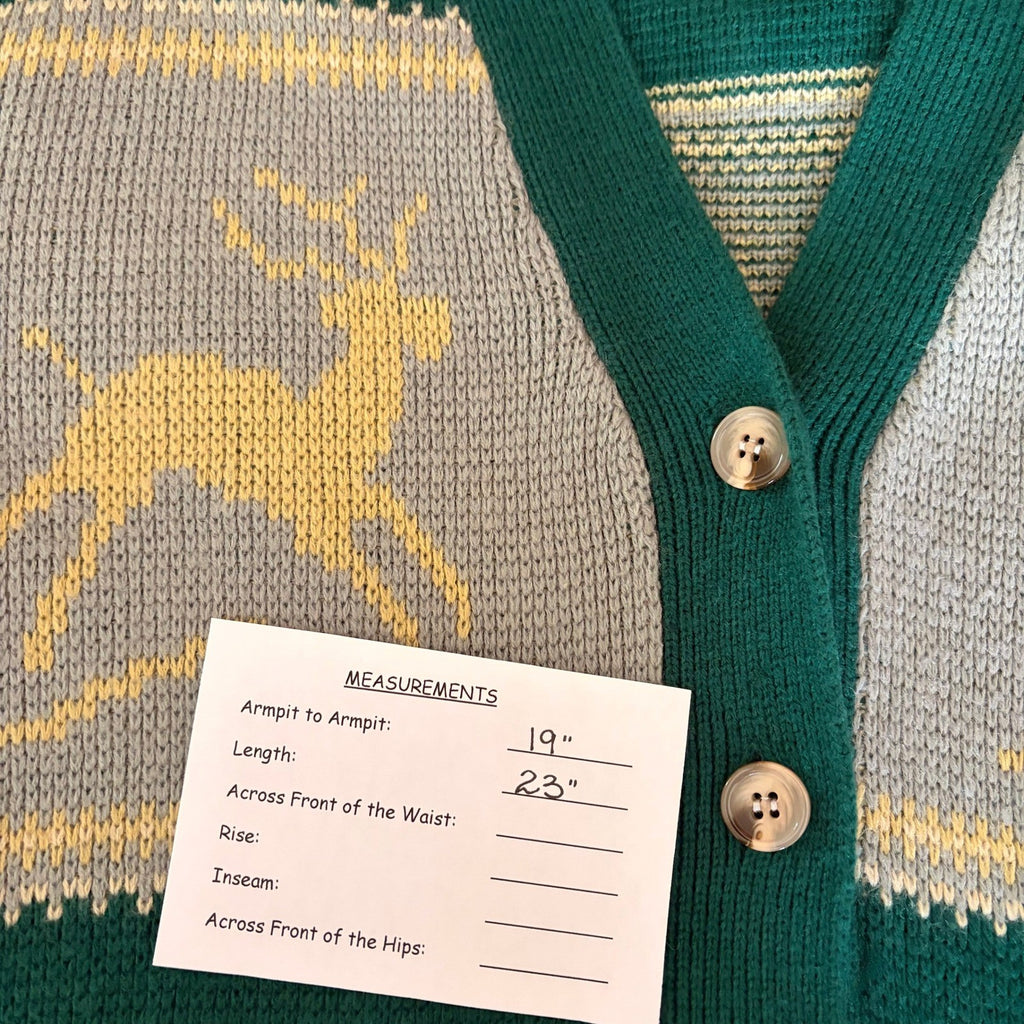 Anthropologie TINY Reindeer Cardigan Sweater Wool Blend Pockets Green X-Small