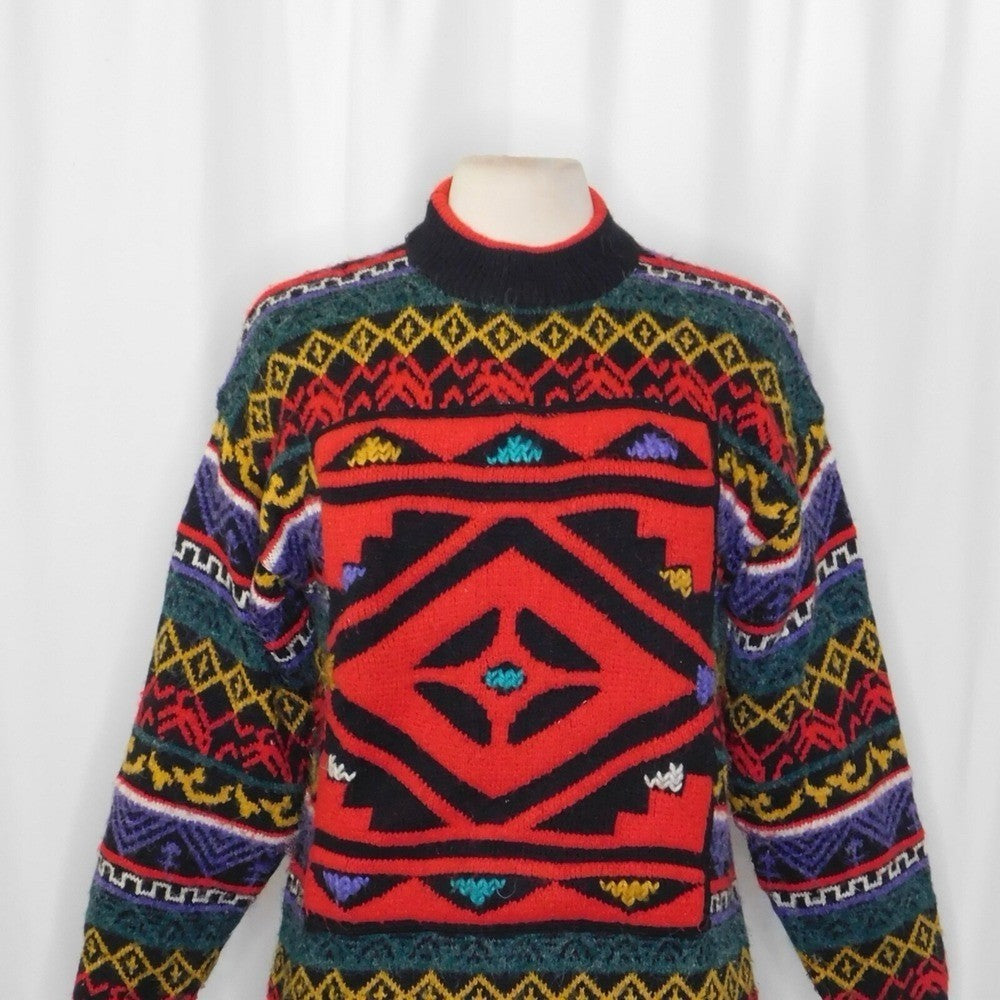Vintage KITTY HAWK Bright Colorful Pullover Sweater Fairisle Geometric Medium
