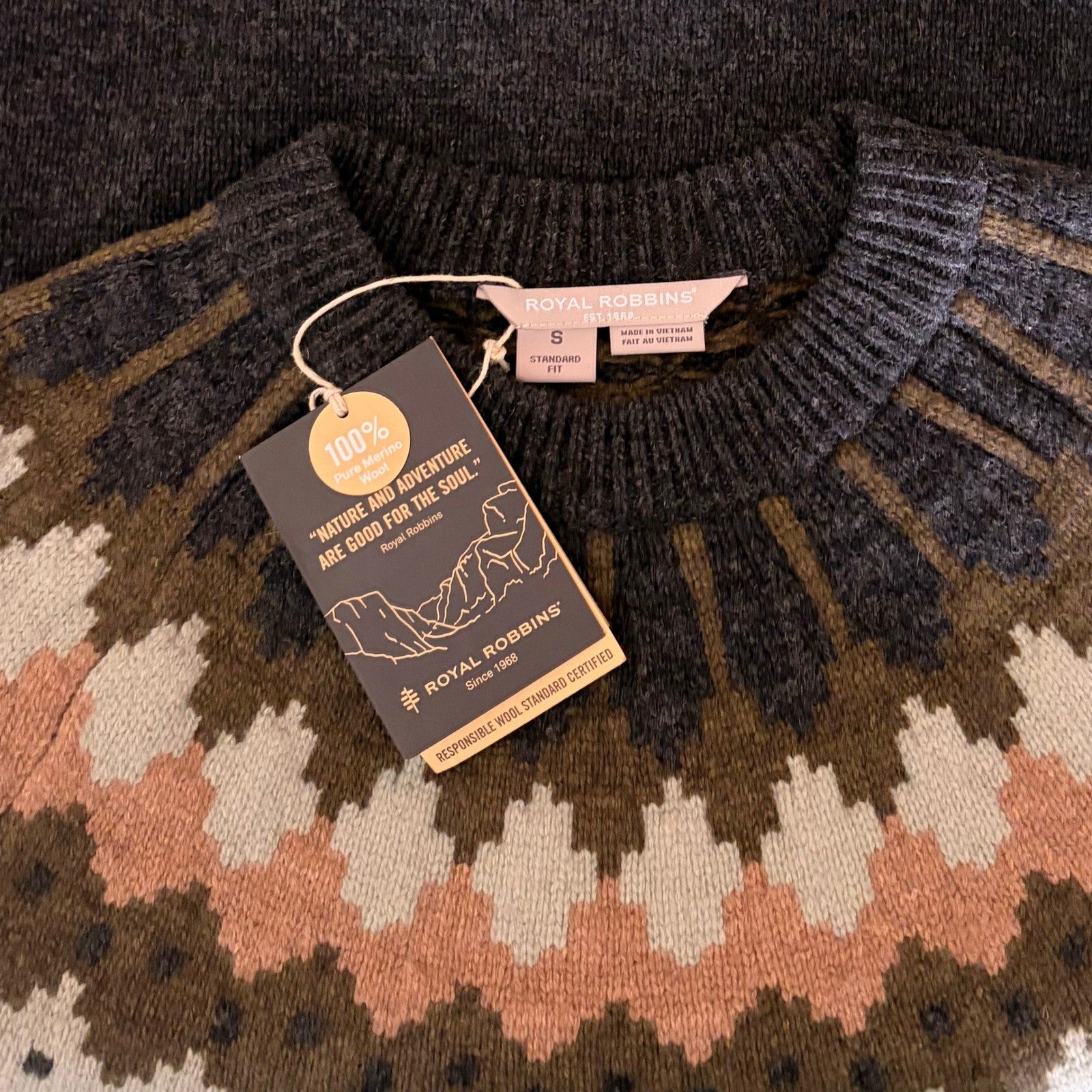 NWT!! ROYAL ROBBINS Rockcraft Merino Wool Fair Isle Crew Neck Sweater Small