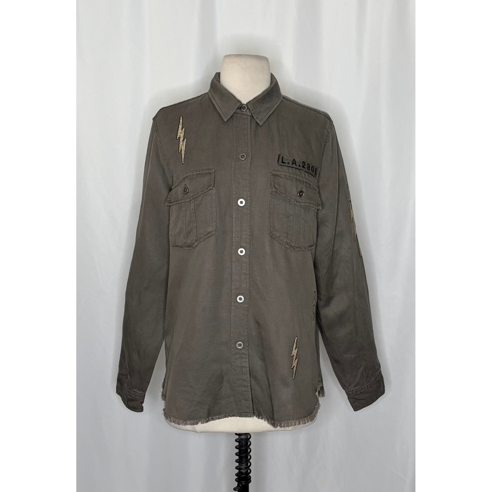 RAILS Loren Olive Lightning Bolts Buttondown Military Style Jacket Top Medium