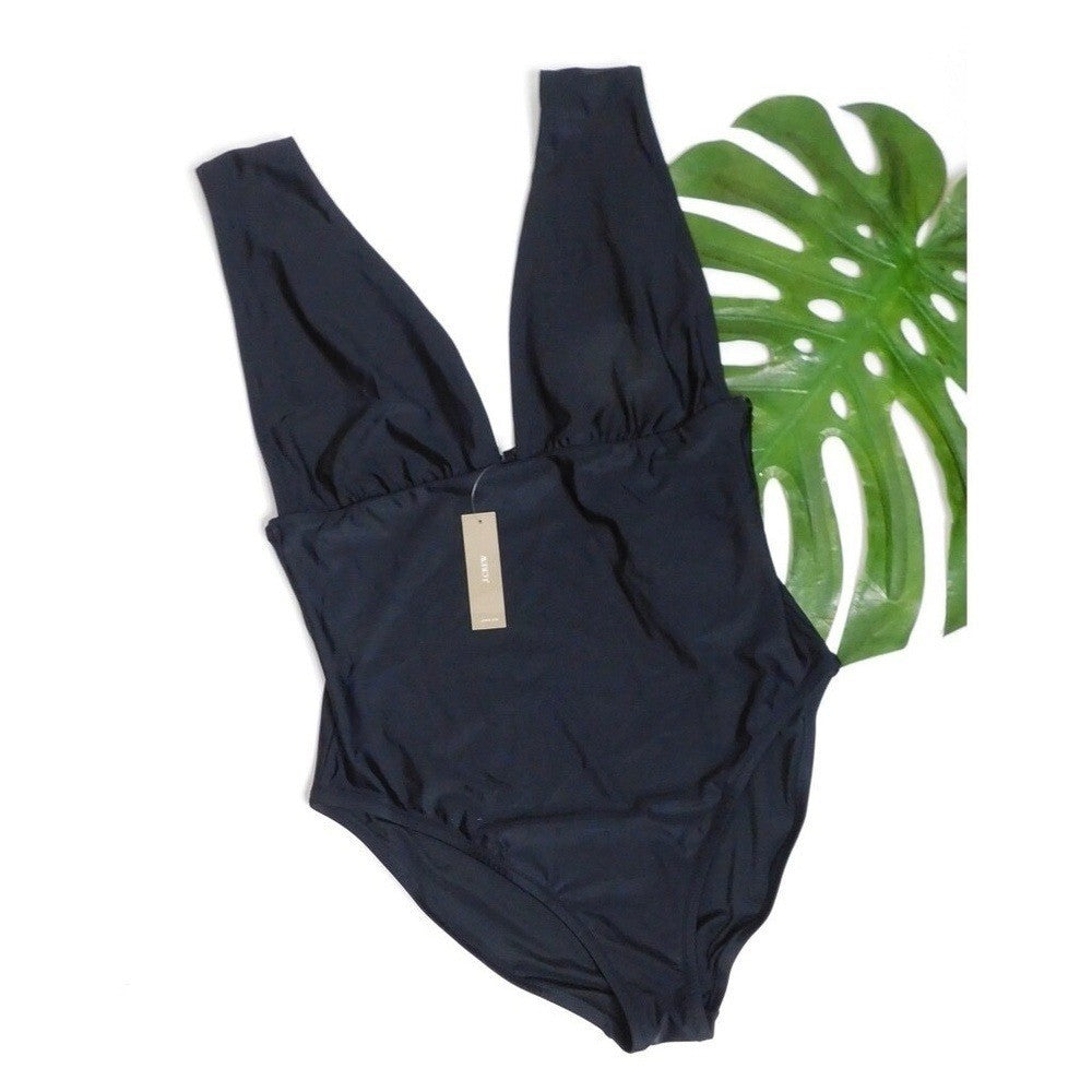 NWT!! J. CREW Black One Piece Plunge V-Neck Swimsuit Solid Classic Size 14