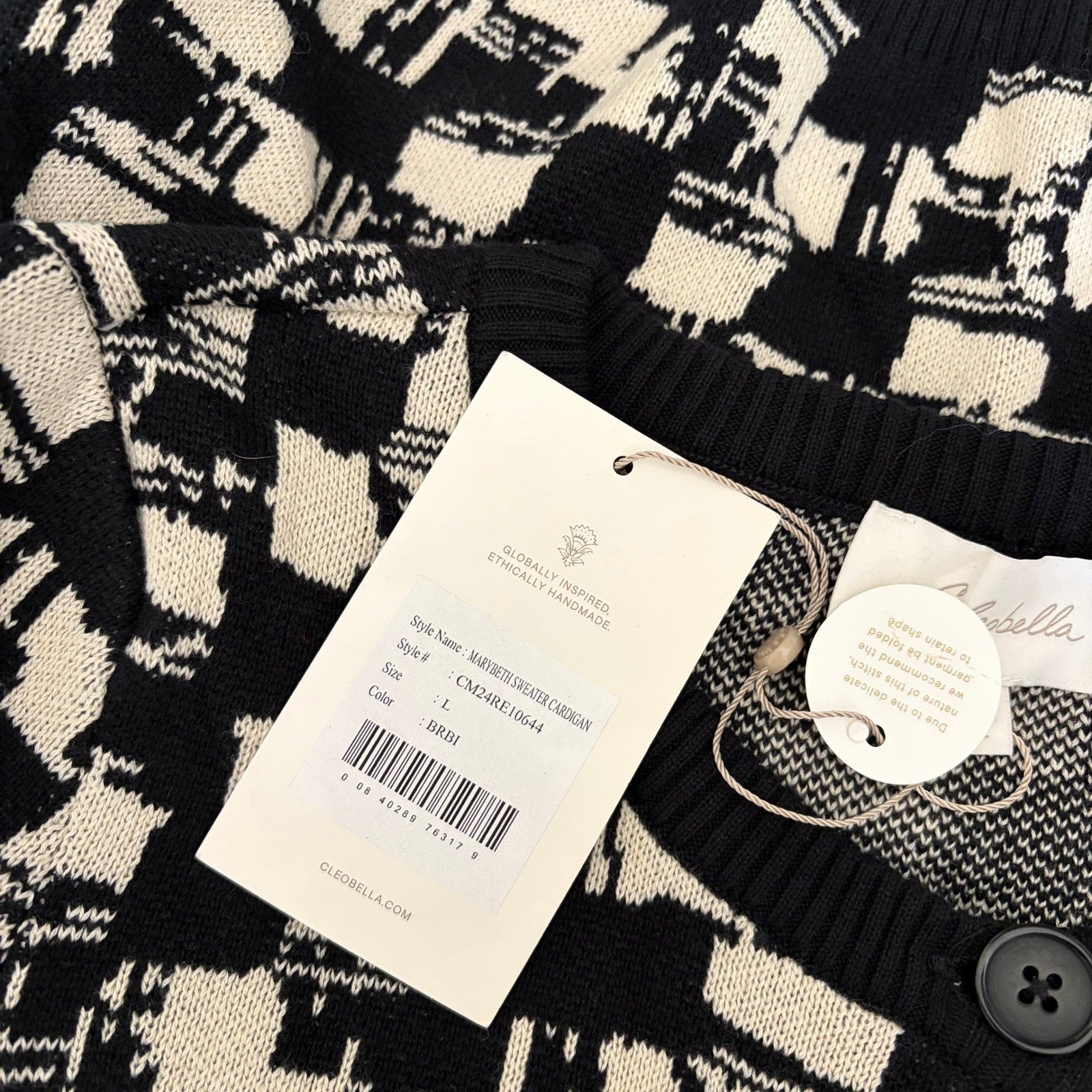 NWT!! CLEOBELLA Marybeth Biarritz Cardigan Sweater Black Ivory Cropped Large