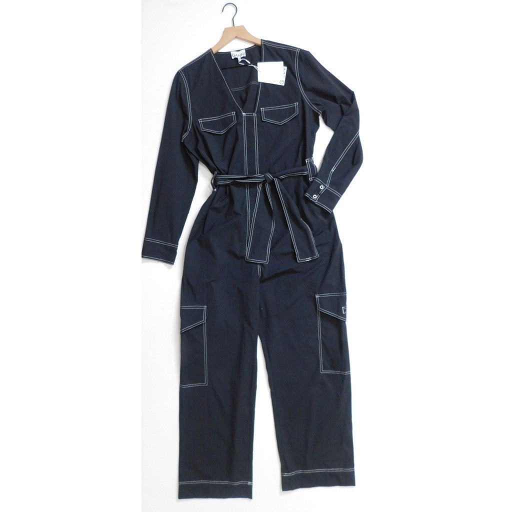 NWT!! GANNI Belted Contrast-Stitch Jumpsuit Black Cargo Pockets Organic Cotton 8