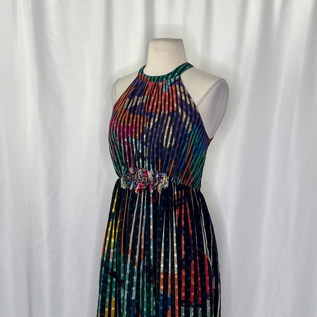 Anthropologie GEISHA DESIGNS Kalinka Maxi Dress Halter Embellished Clip Dot 0