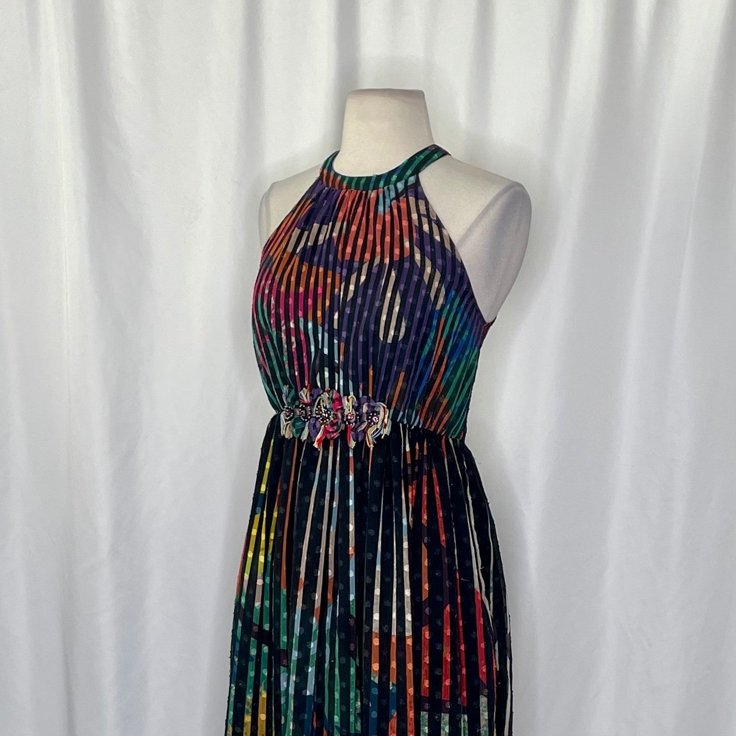 Anthropologie GEISHA DESIGNS Kalinka Maxi Dress Halter Embellished Clip Dot 0