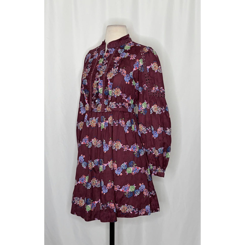 BY ANTHROPOLOGIE Mini Tunic Long Sleeve Dress Floral Lace Trims Purple X-Small