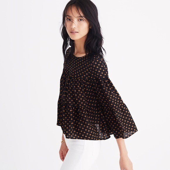 MADEWELL Silk Black Gold Heart Flip Button Back Tiered Top Blouse X-Small