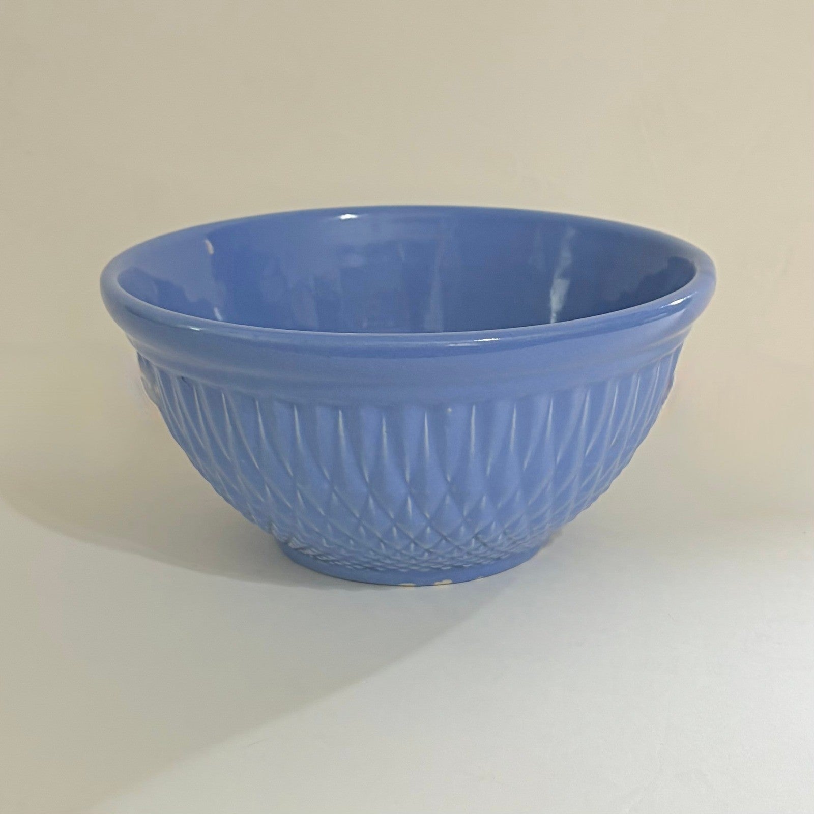 Vintage A.E. HULL Pottery Company Blue Kitchen Bowl Nesting Glossy Diamond