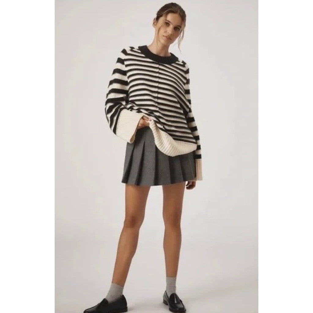 Anthropologie MAEVE The Chandler Crew Neck Relaxed Sweater Striped Gray Medium