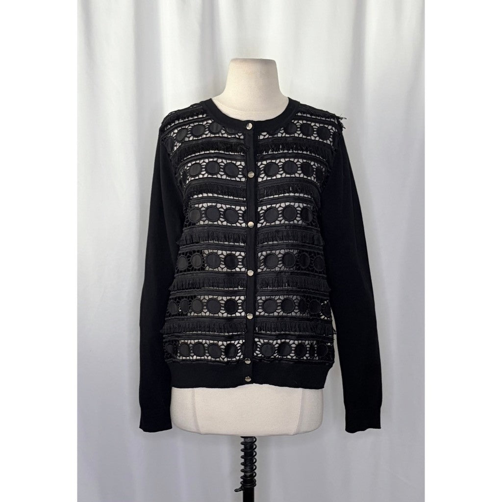 NWT!! TED BAKER London Ellenii Circle Fringe Lace Knit Cardigan Black Size 5 XL