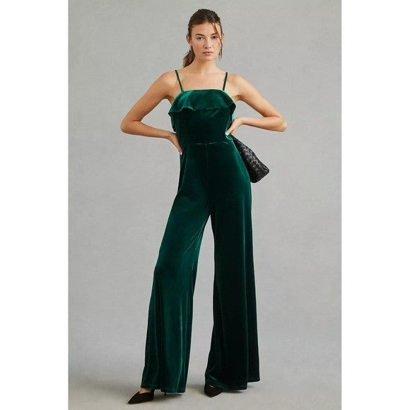 NWT!! Anthropologie COREY LYNN CALTER Green Velvet Wide Leg Jumpsuit X-Small