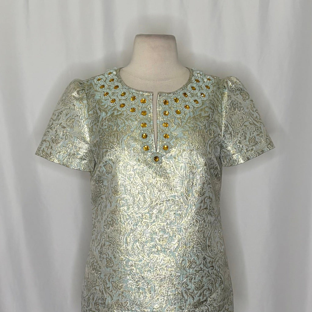 TORY BURCH Lola Top Blouse Aqua Glass Embellished Silk Brocade Floral Size 4
