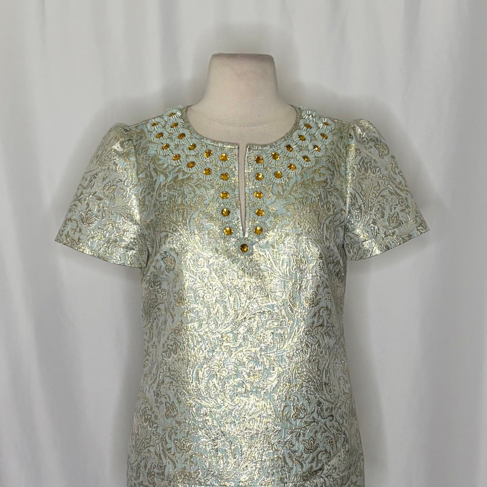 TORY BURCH Lola Top Blouse Aqua Glass Embellished Silk Brocade Floral Size 4