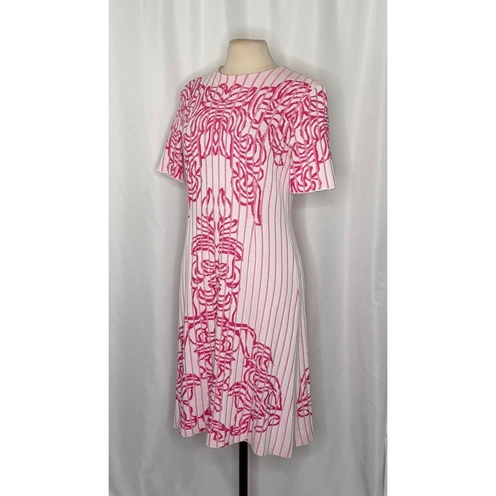 MING WANG Jacquard Rib Dress White Carmine Rose Floral Knit Preppy Office Small