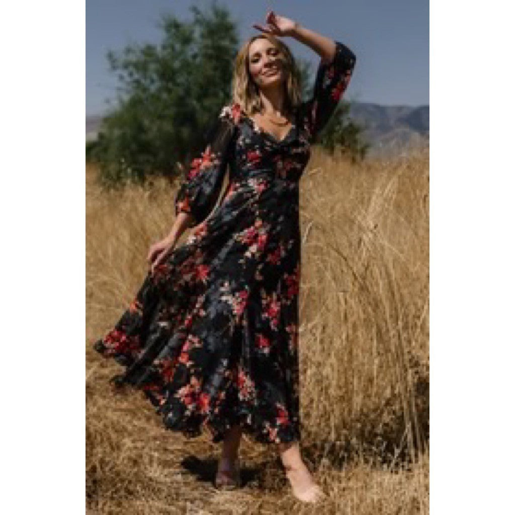 NWT!! BALTIC BORN Estefania Maxi Dress Black Floral Romantic Ruffle X-Small