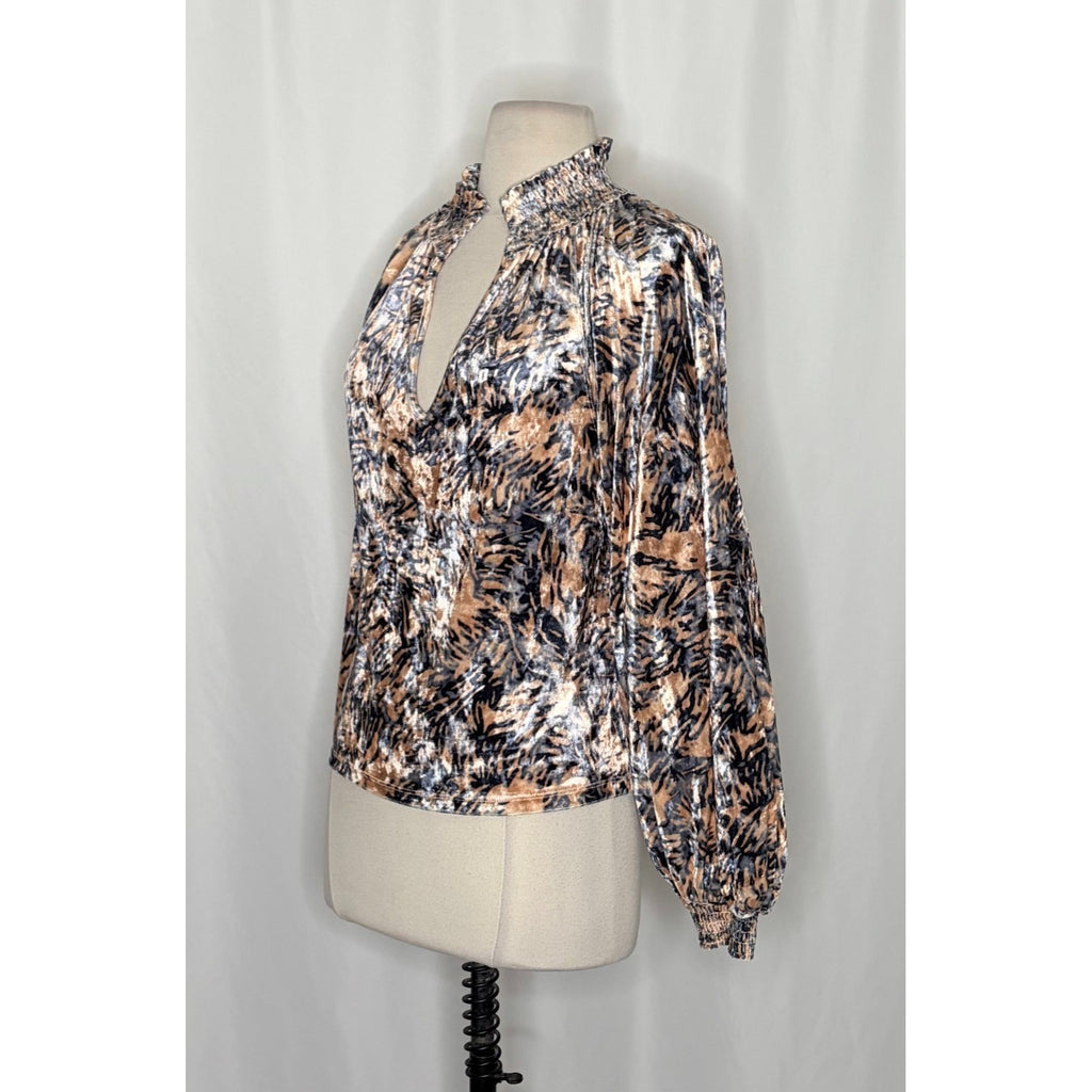 FREE PEOPLE Smocked Crushed Velvet Top Blouse Go Get 'Em Tiger Animal Small