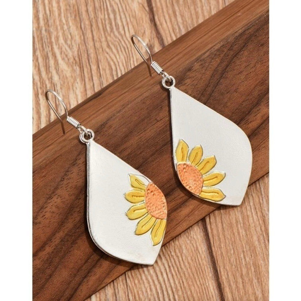 NEW! Boho Silver Retro Sunflower Rhombus Shaped Earrings Dangle Drop Floral