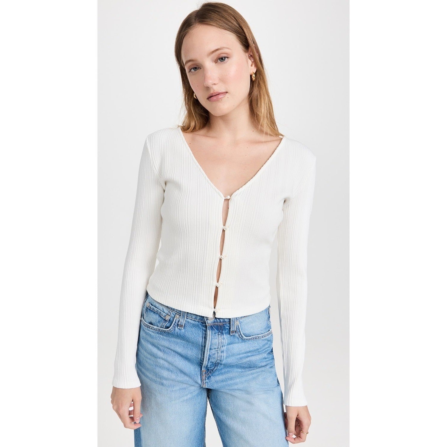 VINCE Pearl Button Cardigan Sweater Off White Ribbed Cropped V Neck X-Large