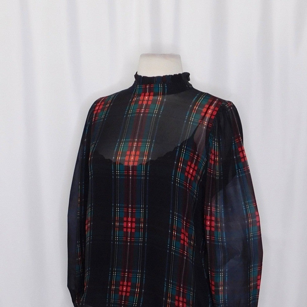 NWT! J. CREW Ruffleneck Top Stewart Tartan Plaid Chiffon Festive Preppy XX-Small