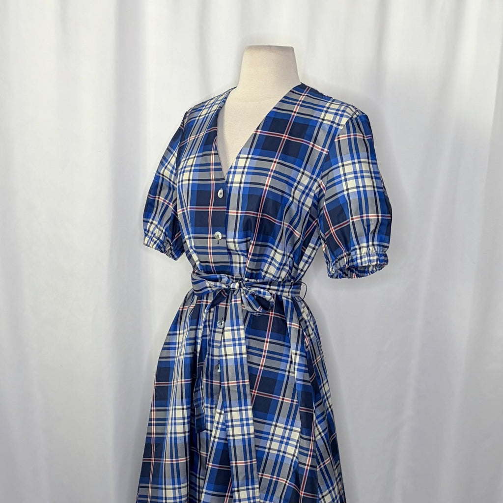 ZARA Blue Plaid Taffeta Dress Belted Tie Waist Midi Buttondown Preppy Small