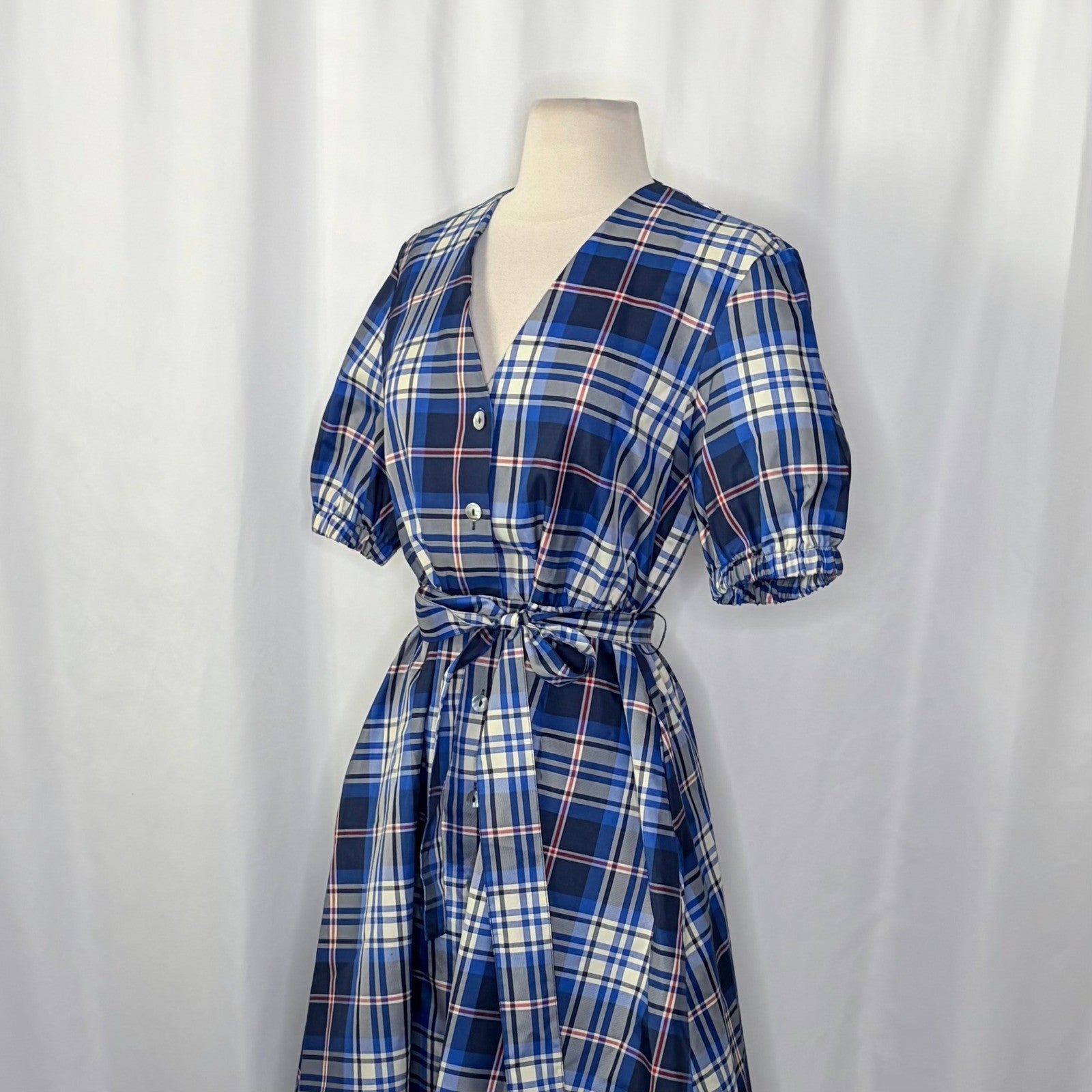 ZARA Blue Plaid Taffeta Dress Belted Tie Waist Midi Buttondown Preppy Small