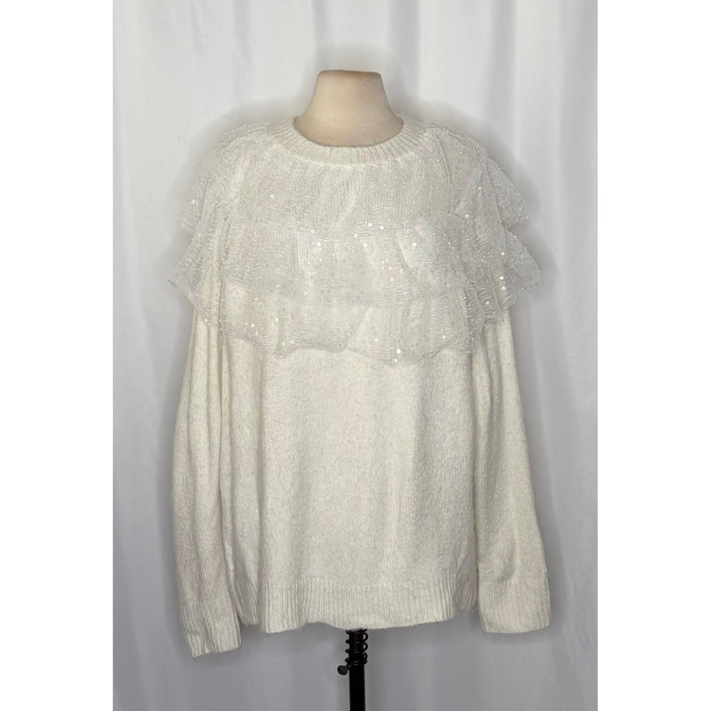NWT!! ZARA Chic Tulle Ruffled Sequins Knit Sweater Off White Pullover Medium
