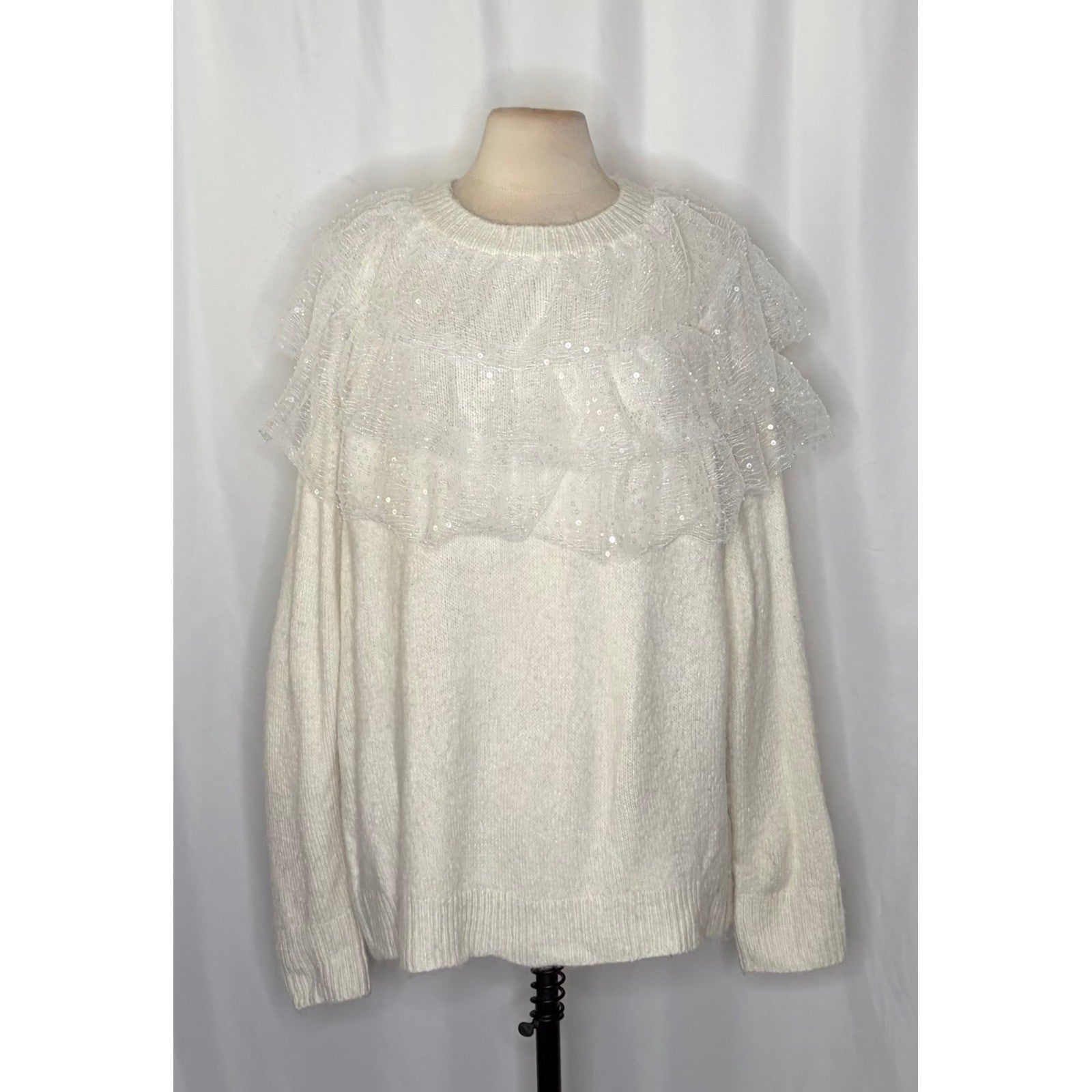 NWT!! ZARA Chic Tulle Ruffled Sequins Knit Sweater Off White Pullover Medium