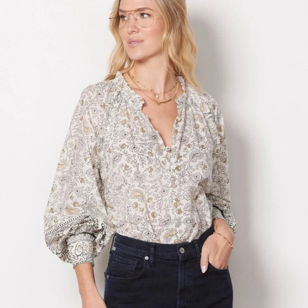 CLEOBELLA Ivy Blouse Woodblock Floral Paisley Print Top Smocked Ruffled Small