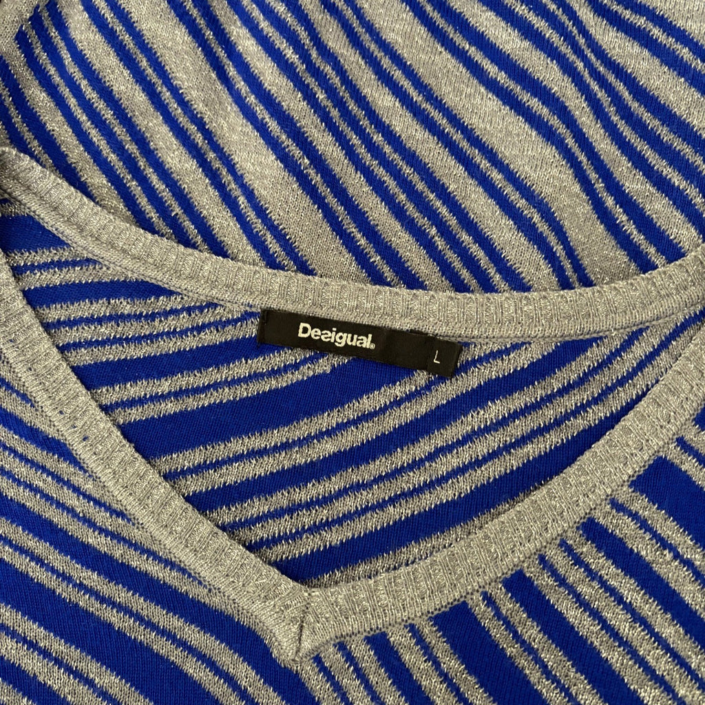 DESIGUAL Nieves V-Neck Pullover Sweater Colorful Stripes Metallic Large