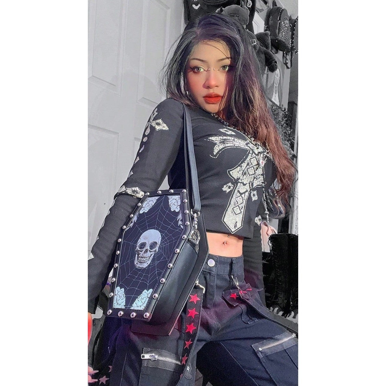 SCARLETON Studded Skull Bag Vegan Leather Punk Rock Rivet Shoulder Bag Gothic