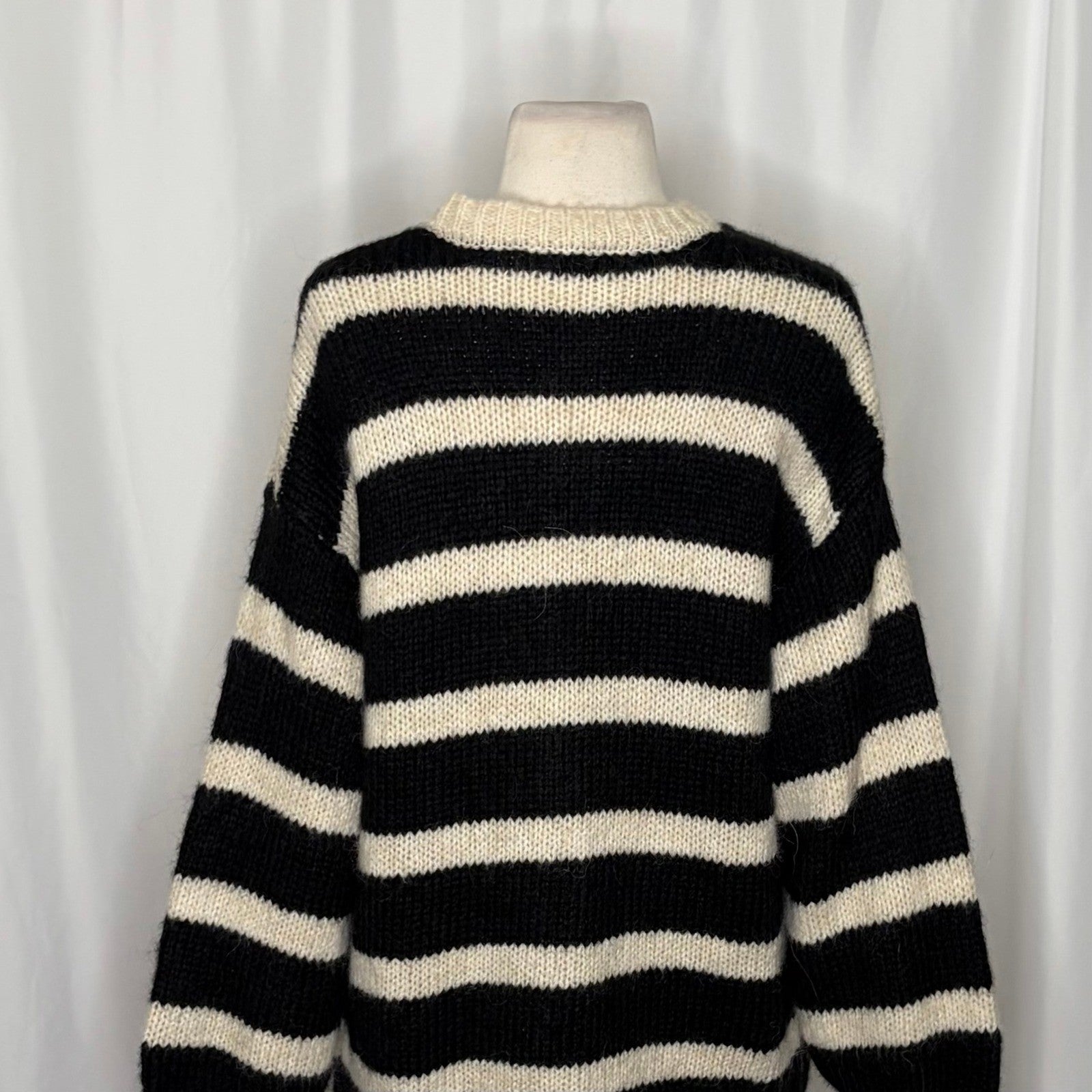 ZARA Long Striped Cardigan Sweater Black Ivory Striped Wool Alpaca Knit Small