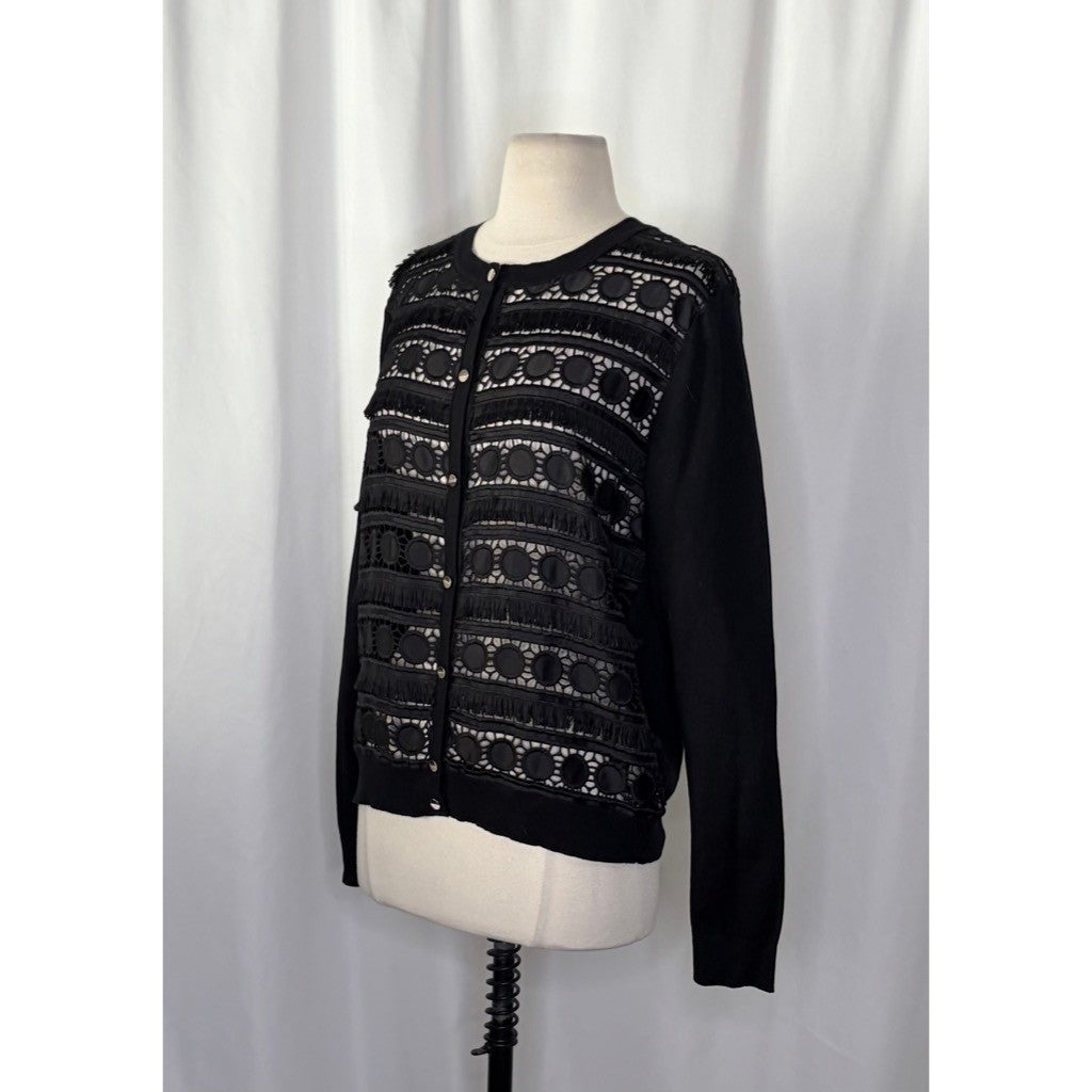 NWT!! TED BAKER London Ellenii Circle Fringe Lace Knit Cardigan Black Size 5 XL