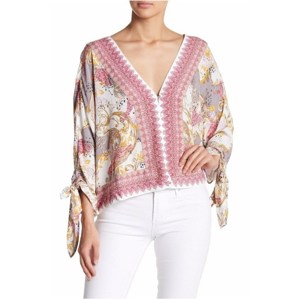 FREE PEOPLE Catch Me If You Can Top Blouse Boho Floral Tie Sleeves Pink Small