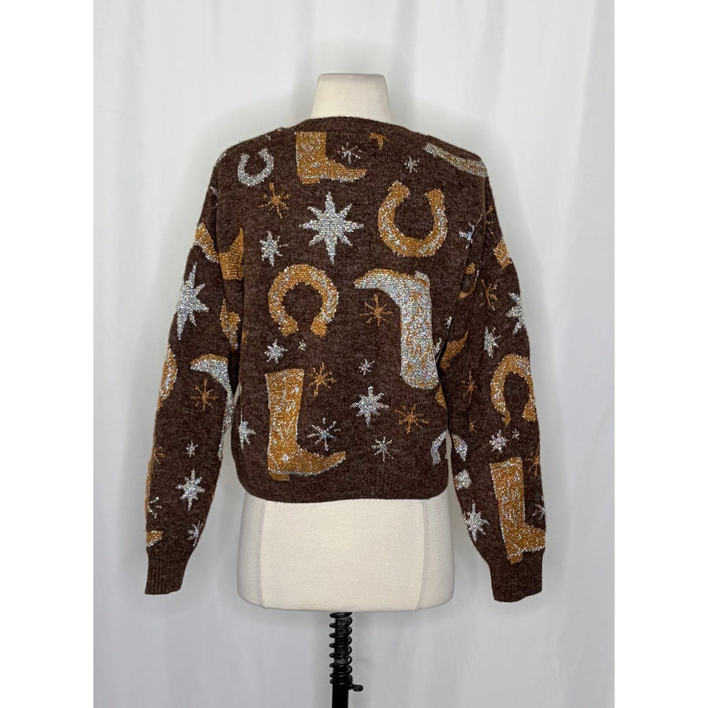 ZARA Western Cosmic Cowboy Boots Stars Jacquard Sweater Metallic Crewneck Small