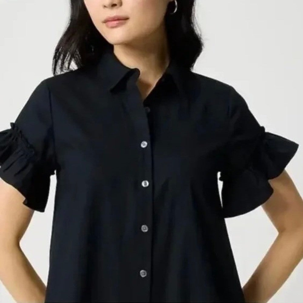 NWT!! J. CREW Factory Ruffle Sleeve Mini Shirtdress Solid Black 2P 2 Petite
