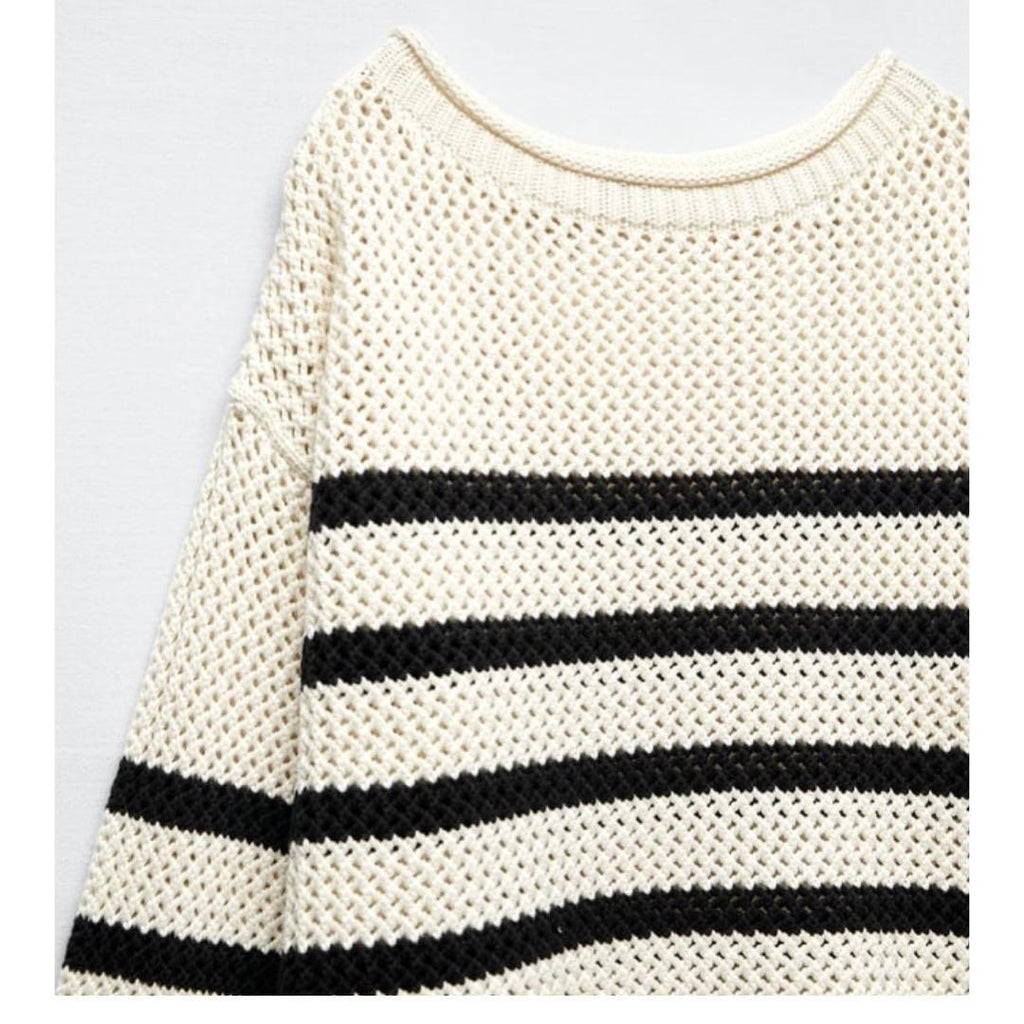 NWT!! ZARA Navy Ivory Striped Pullover Sweater Open Knit Nautical X-Small Small