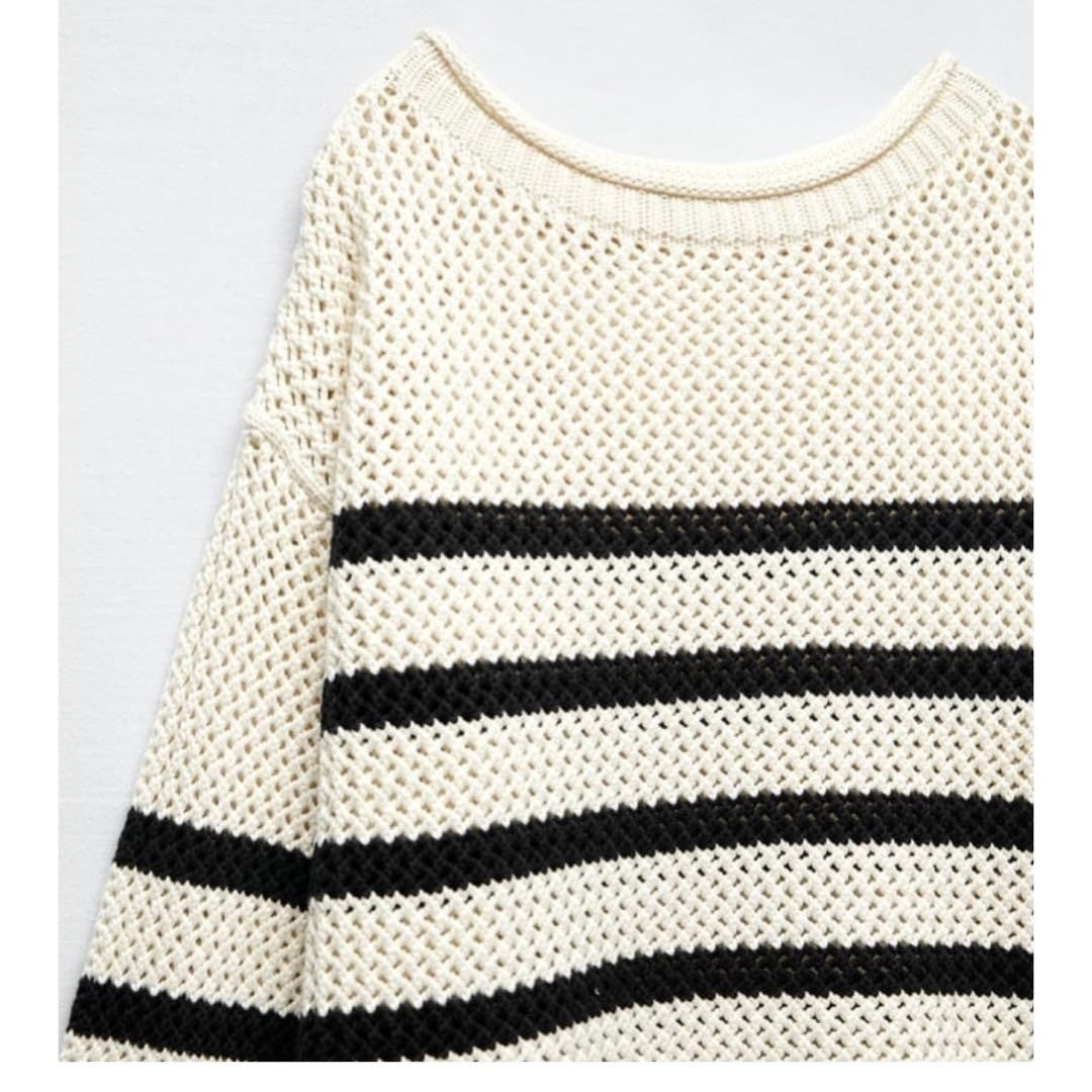 NWT!! ZARA Navy Ivory Striped Pullover Sweater Open Knit Nautical X-Small Small