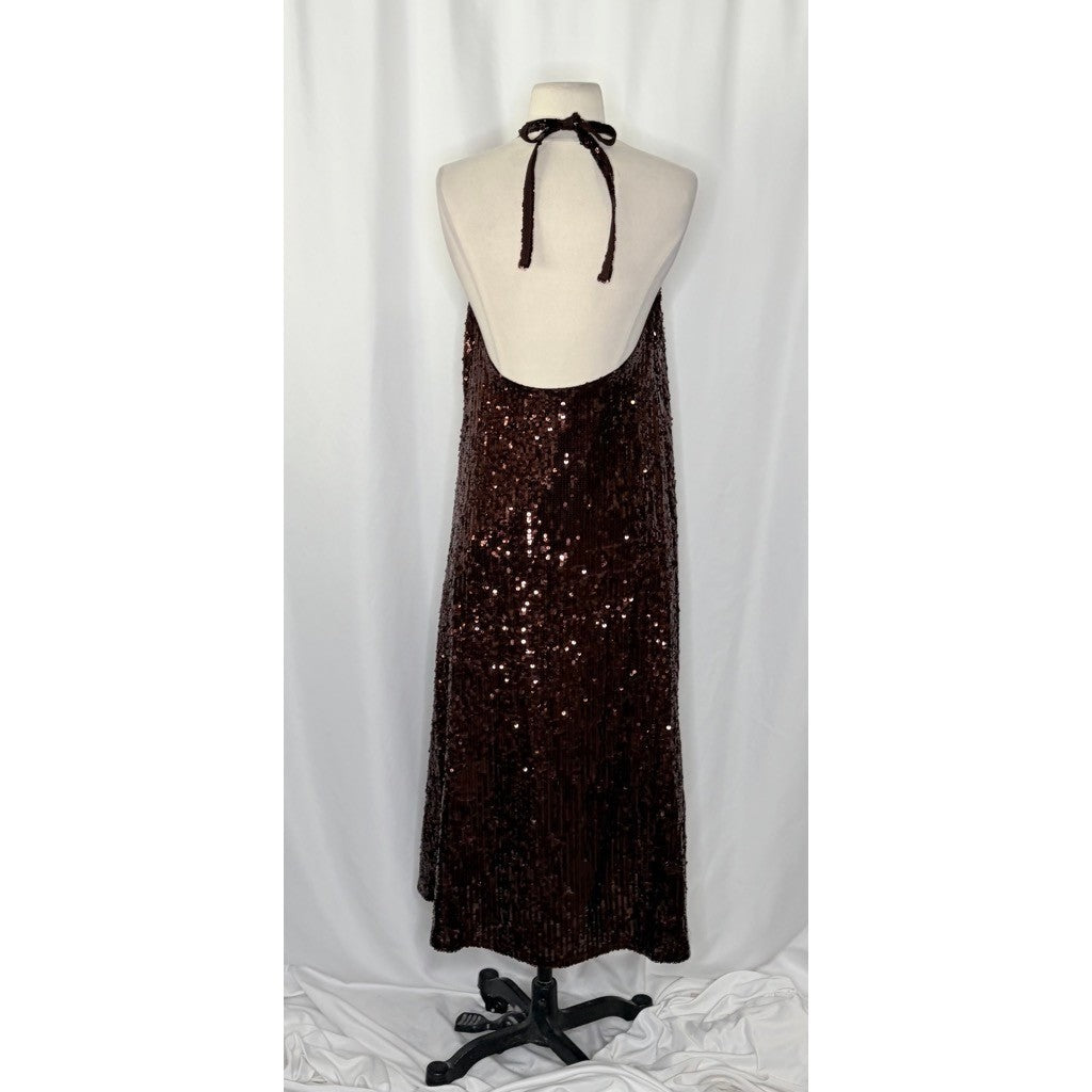 ZARA Chocolate Brown Sequin Halter Maxi Dress Festive Party Sequinned Small