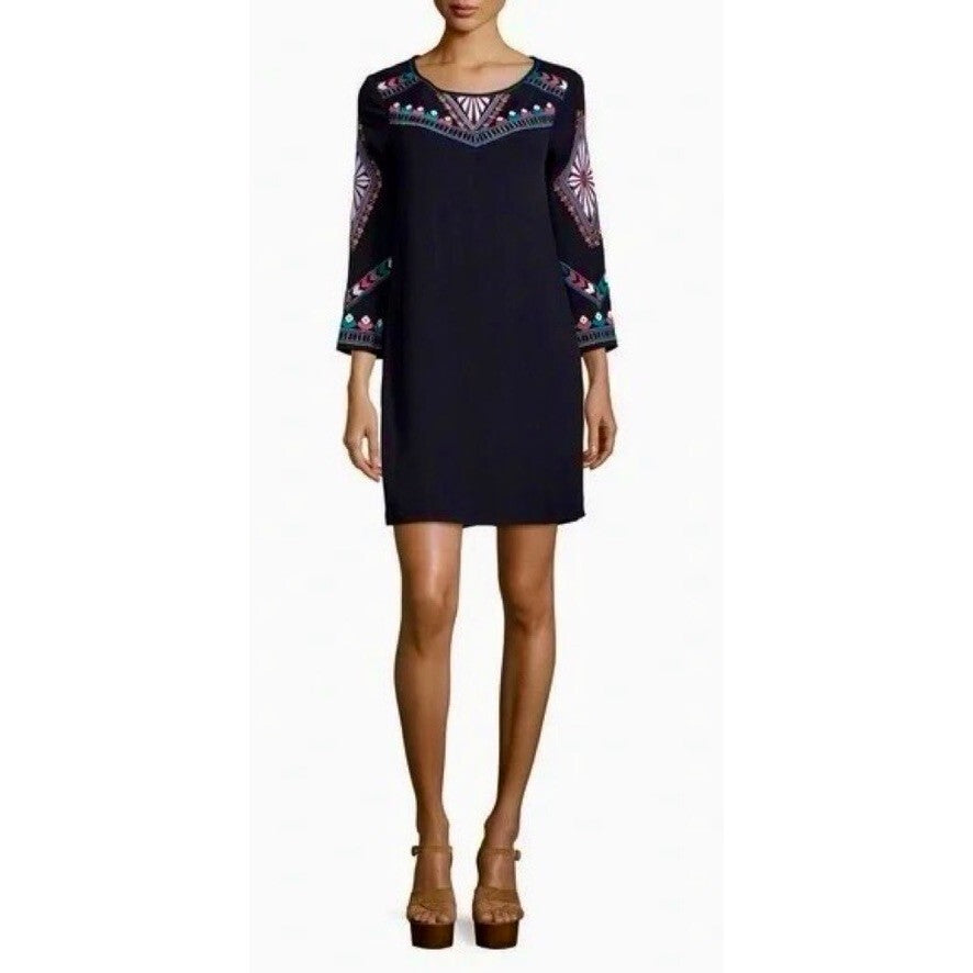 ELLA MOSS Embroidered Joss Shift Dress Retro Black Metallic Boho X-Small