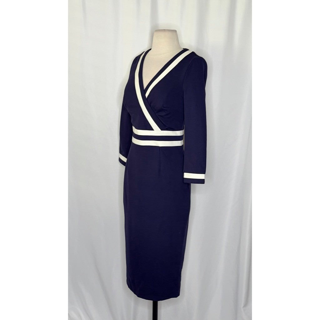 BODEN Nellie Ponte Knit Dress Navy Blue White Preppy Nautical Modest Size 4
