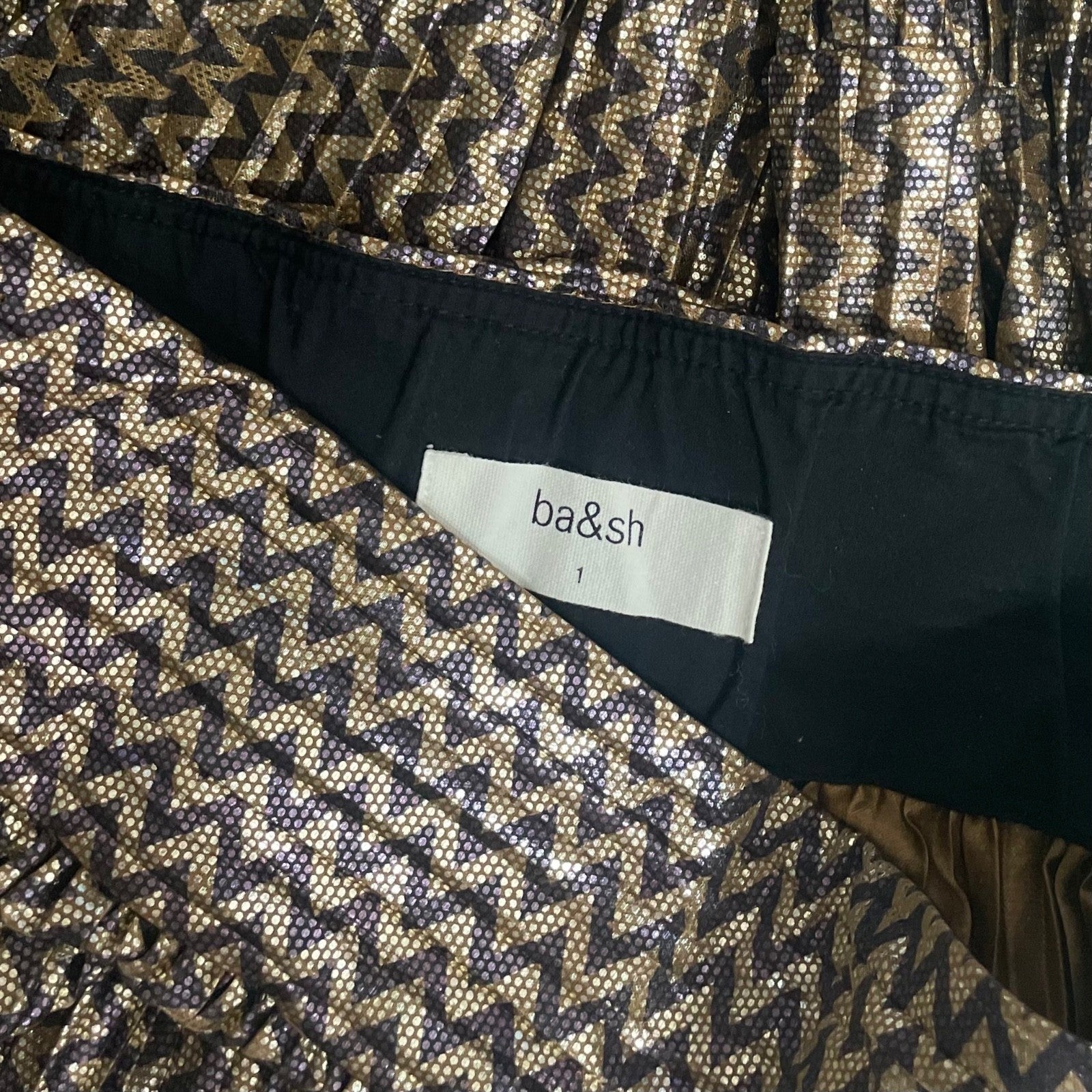 BA&SH Pleated Jupe Poly Midi Skirt Chevron Stripe Foil Metallic Tiered Size 6