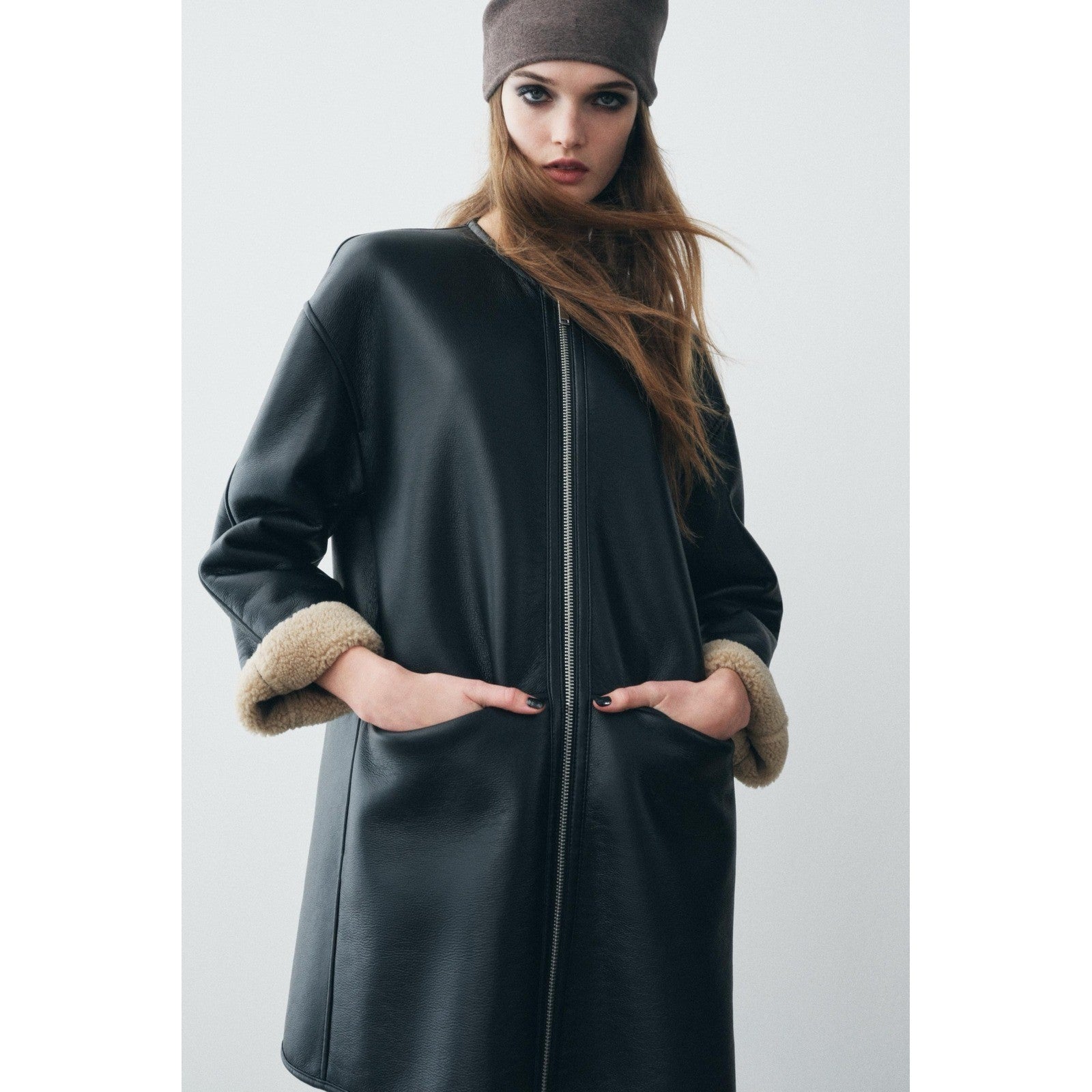 NWT!! ZARA ZW Collection Double Faced Coat Jacket Black Fleece Lining Small