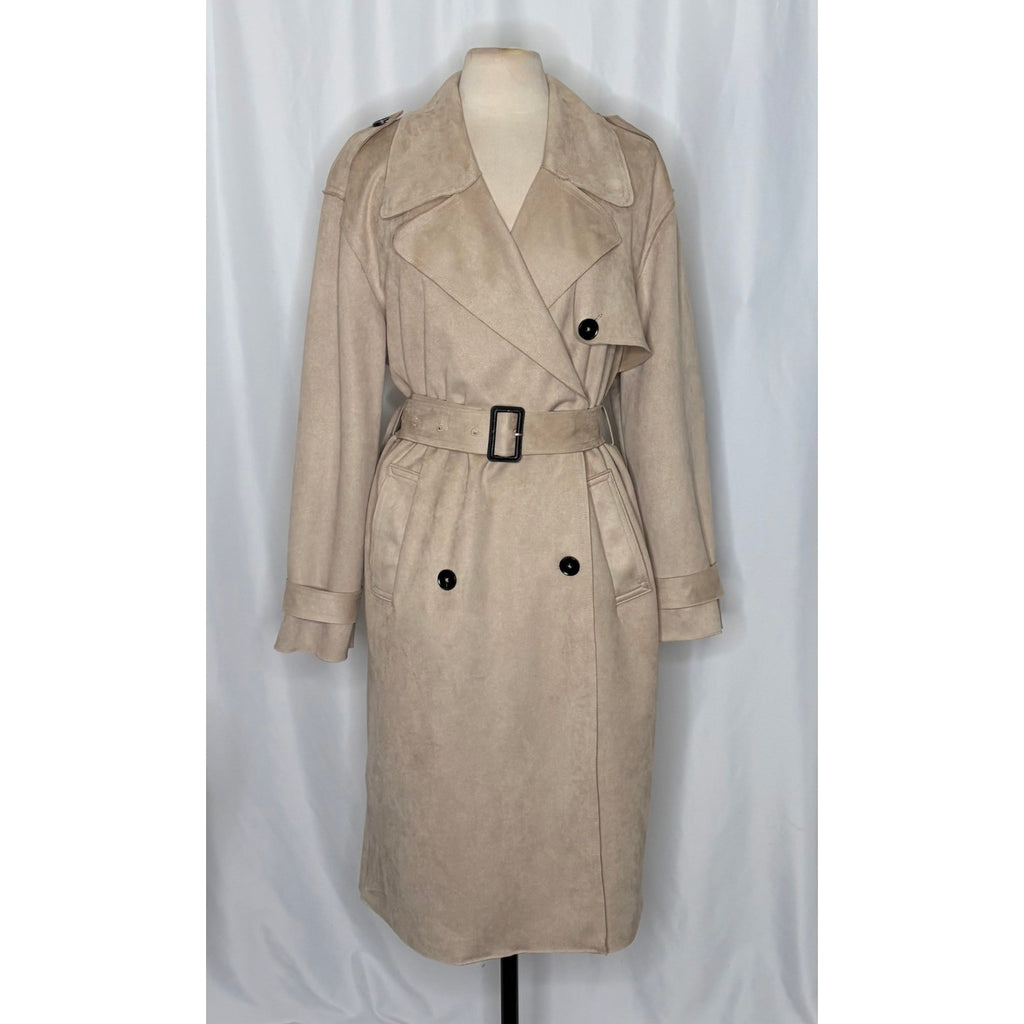 ZARA Faux Suede Trench Coat Belted Jacket Solid Tan Brown Pockets Outdoors Large