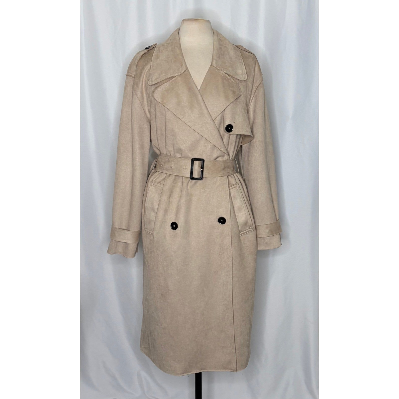 ZARA Faux Suede Trench Coat Belted Jacket Solid Tan Brown Pockets Outdoors Large
