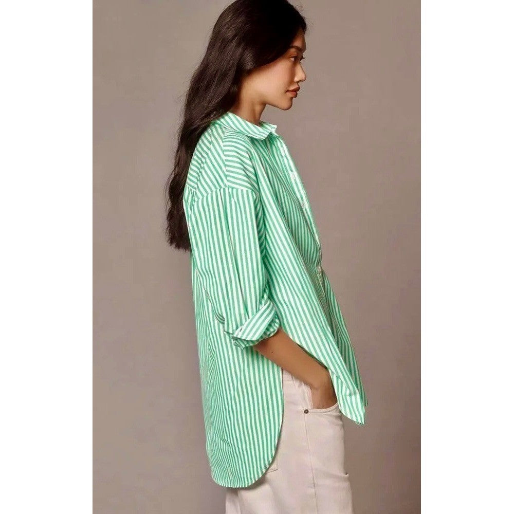 Anthropologie MAEVE The Bennet Green Stripe Buttondown Shirt Top Medium