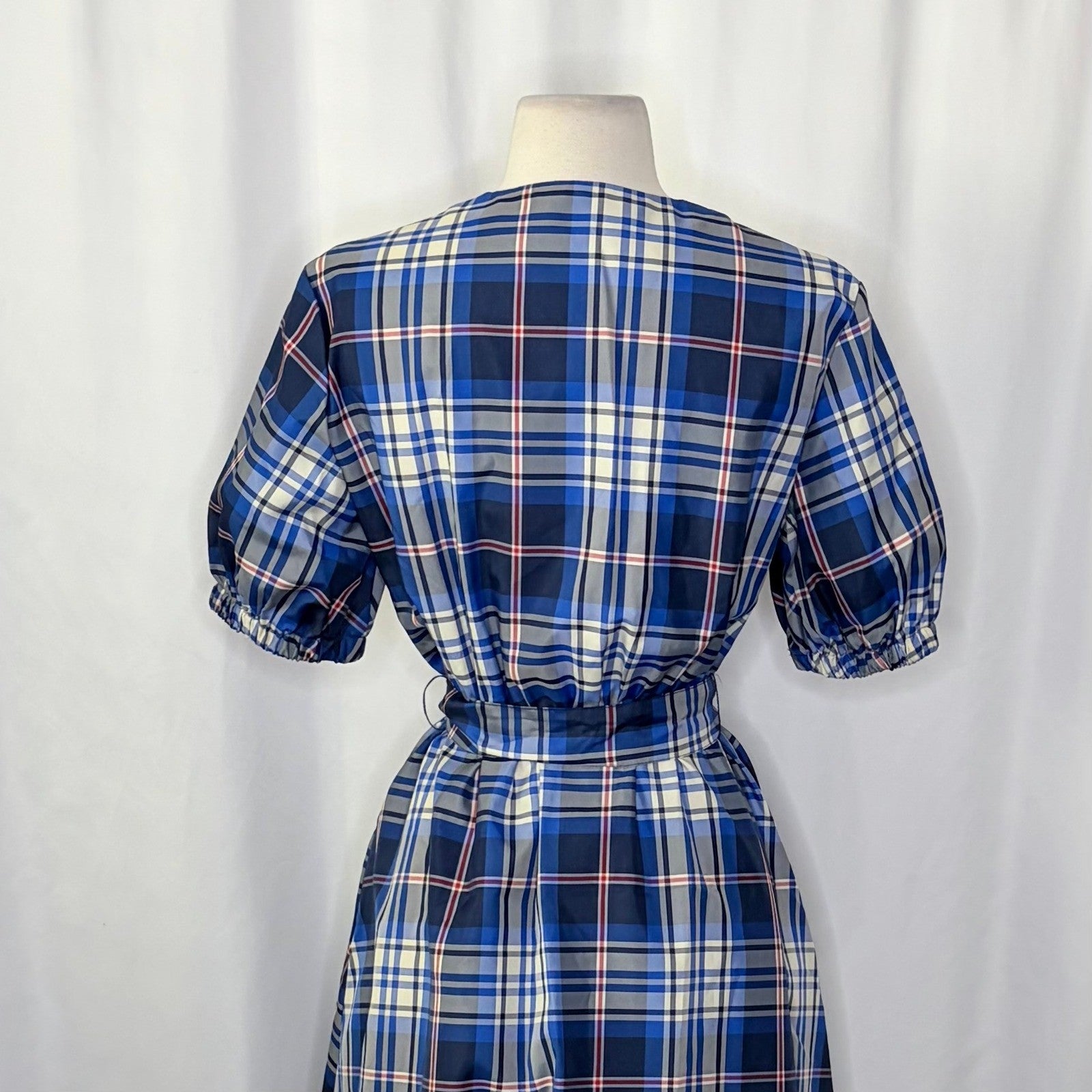 ZARA Blue Plaid Taffeta Dress Belted Tie Waist Midi Buttondown Preppy Small