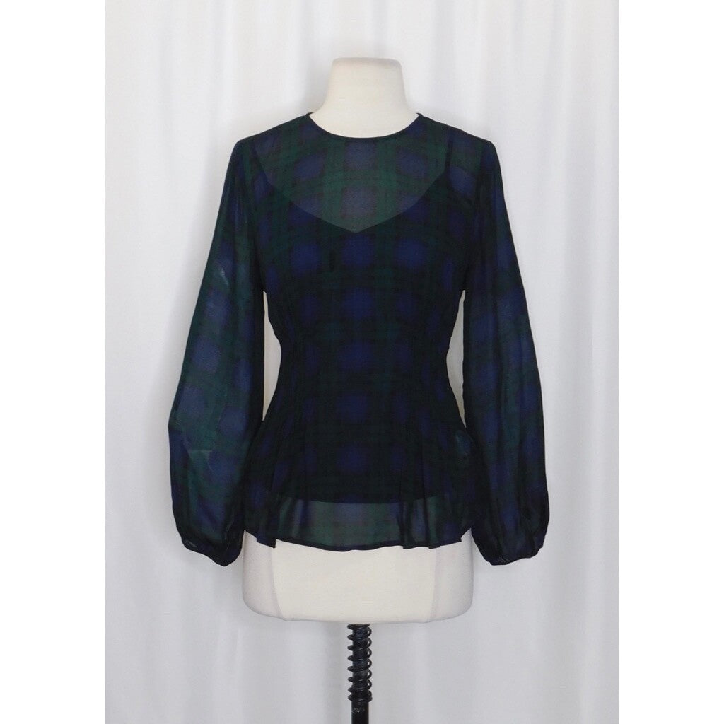 NEW!! J. CREW Chiffon Shirred-Waist Top Black Watch Tartan Plaid Copper Green 2